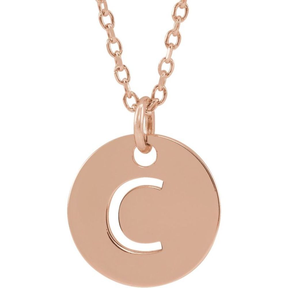 14k Rose Gold Initial C, Small 10mm Pierced Disc Necklace, 16-18 Inch